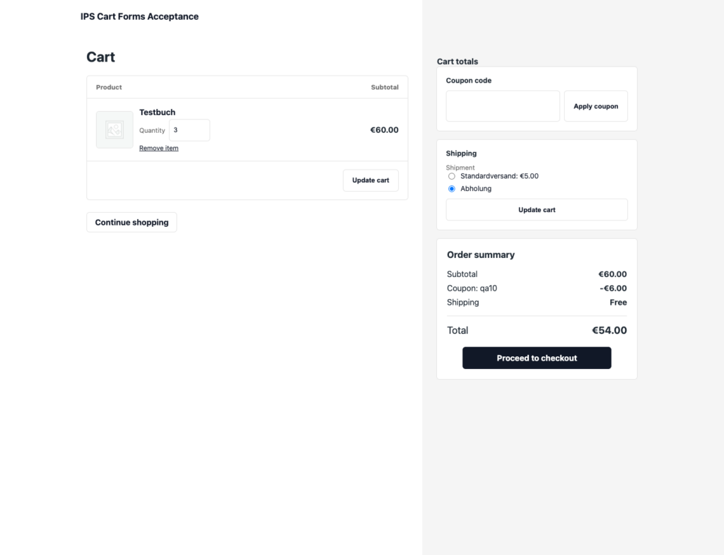 WooCommerce cart with product quantities, coupon and order totals in IPS Cart
