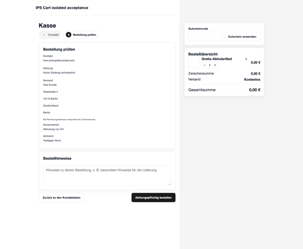 Example checkout review showing the selected local pickup location