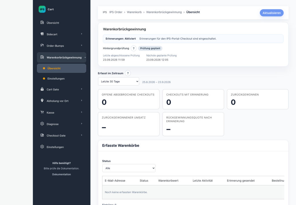 IPS Cart Recovery Pro dashboard with reminder status and recovery reporting