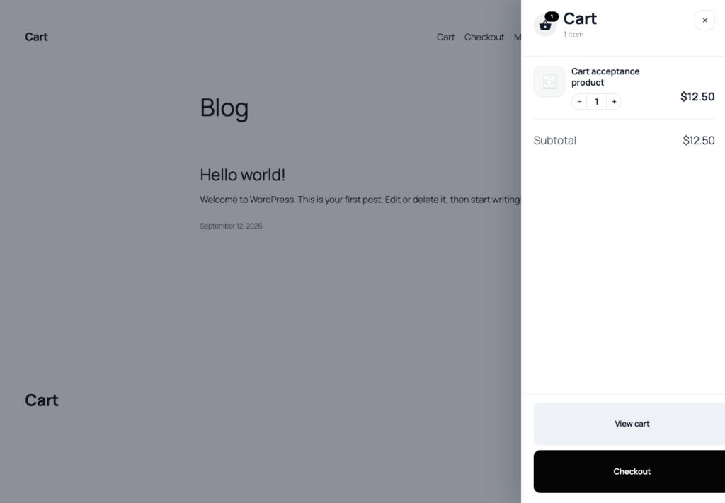 IPS Cart sidecart with quantity controls and checkout action in an example shop