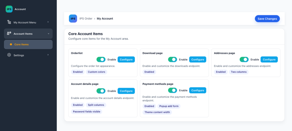 Optional layouts for orders, downloads, addresses, account details and payment methods