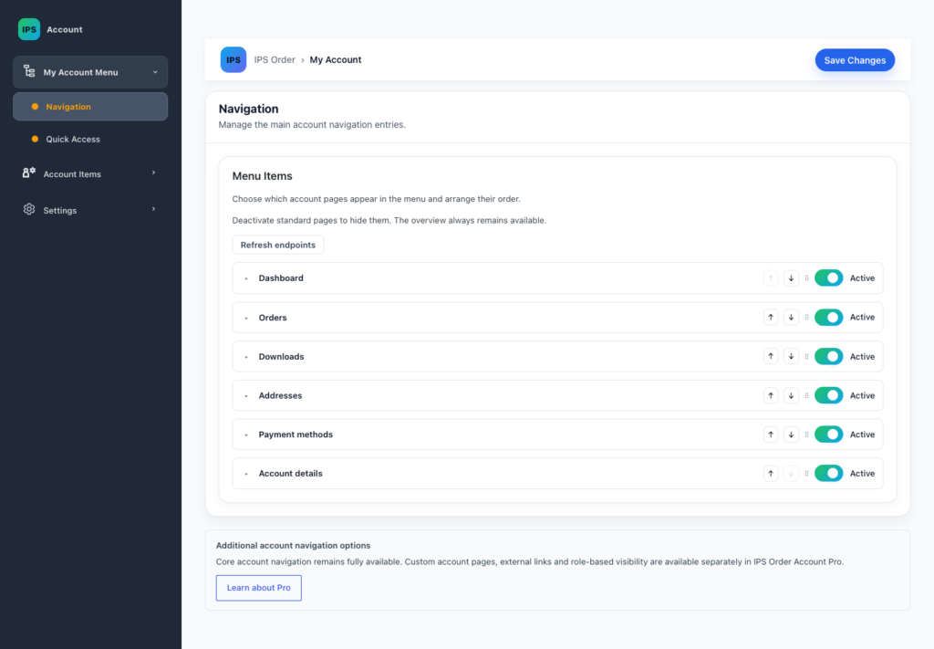 Account navigation settings for menu order, labels and visibility
