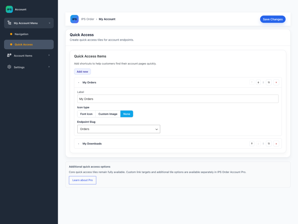 Quick access settings for native WooCommerce account pages