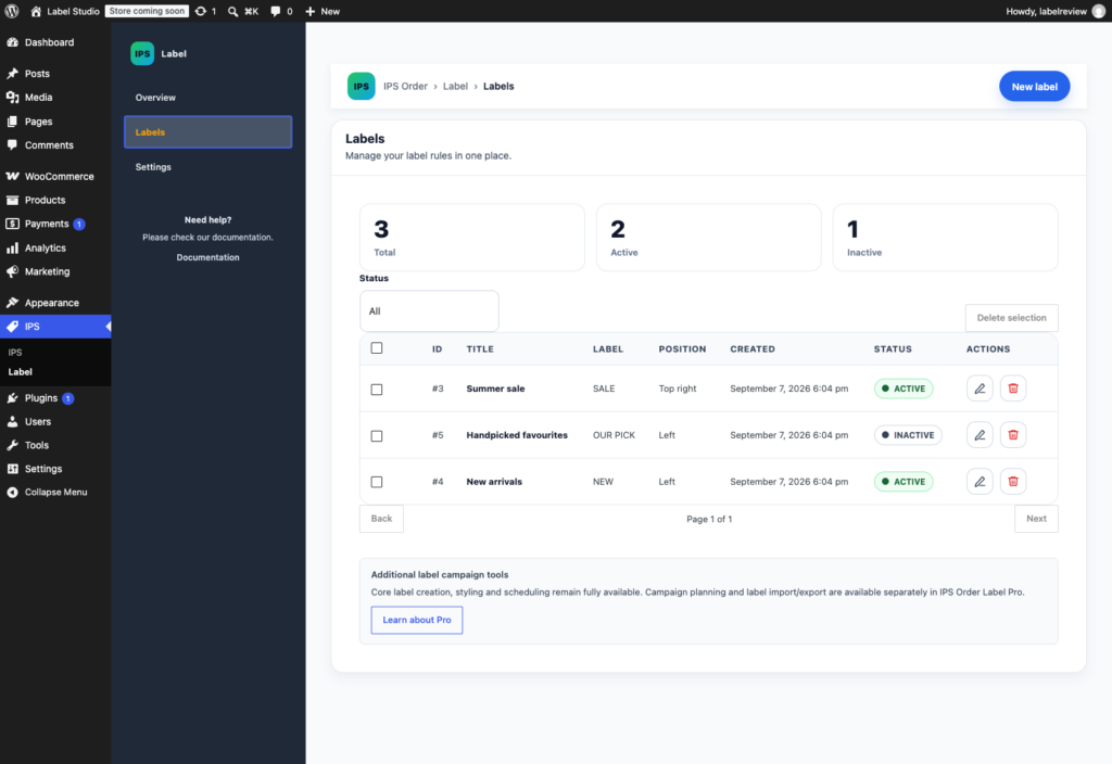 IPS Label manager showing active labels and drafts