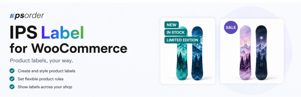 IPS Label marketing illustration showing NEW, IN STOCK and SALE product badges