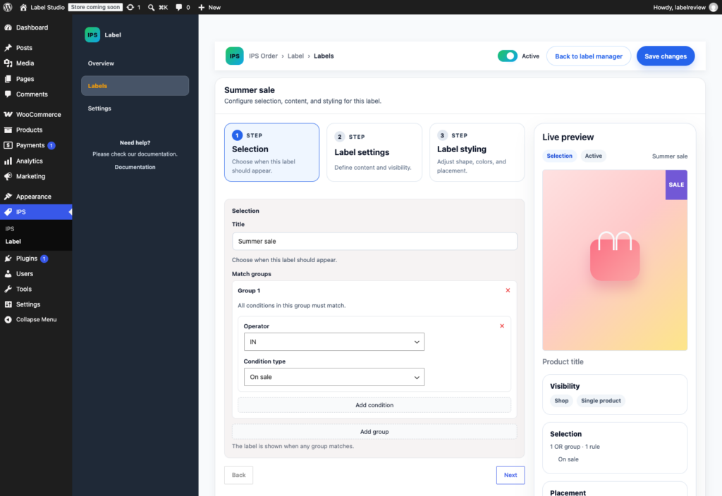 IPS Label product selection rules with a live badge design preview