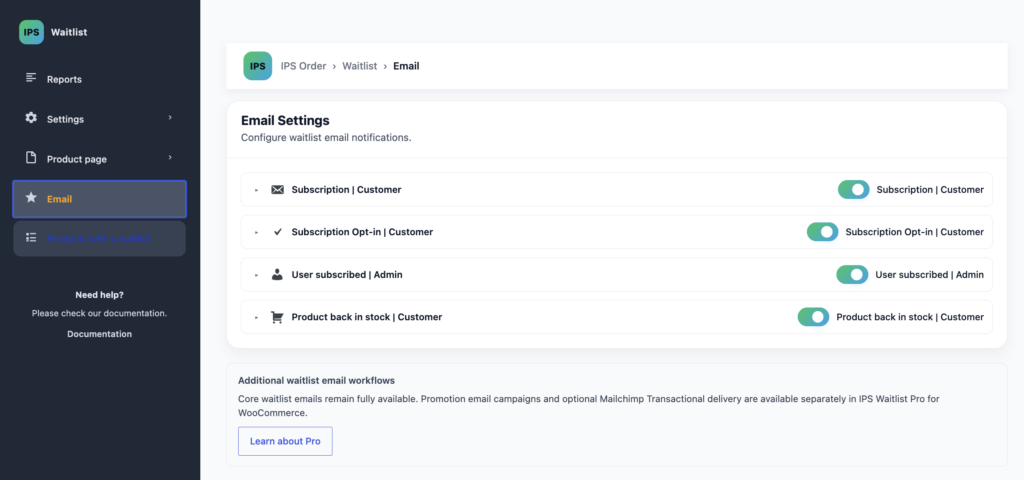 Waitlist customer and administrator email settings