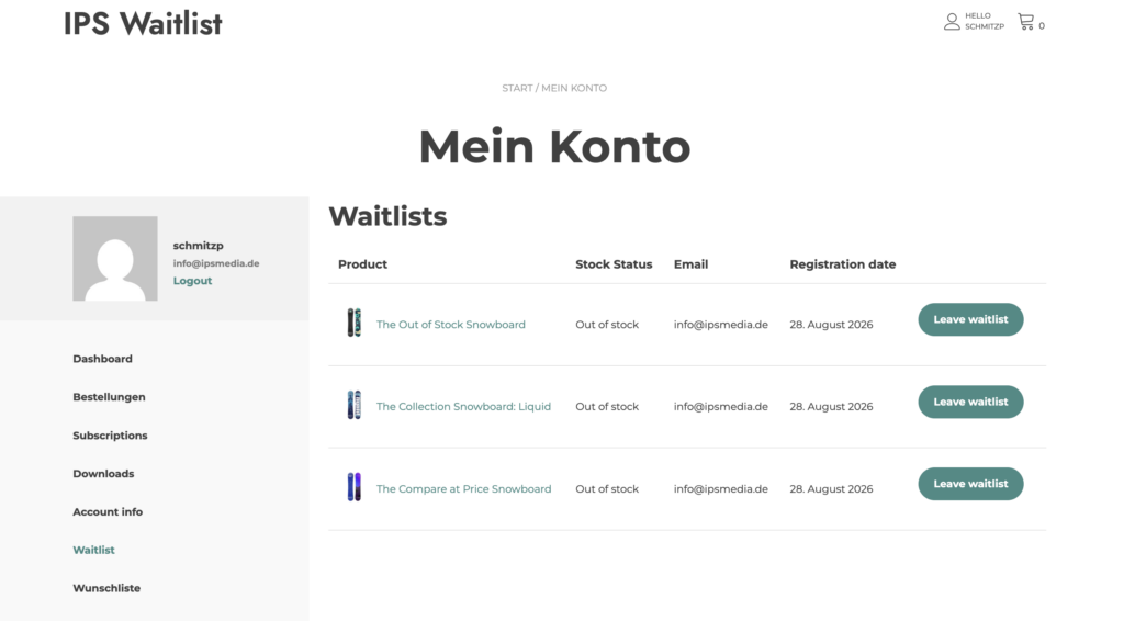 Customer waitlist overview in WooCommerce My Account