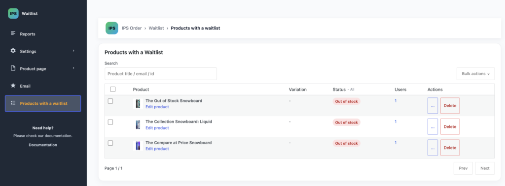 Product waitlists with stock status and registration counts