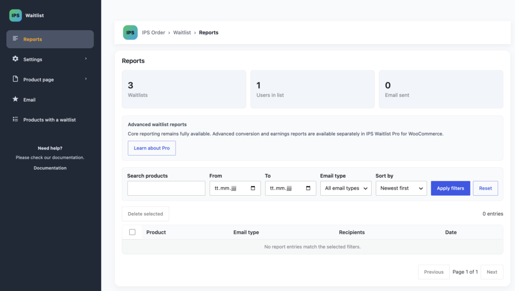 Core waitlist reports with customer and email totals